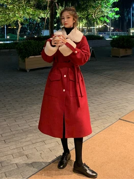 

Women's Winter Fashion Korea Style Loose Woolen Single Breasted Turn Down Collar Vintage Red Coat Female Midium Long Warm Coat