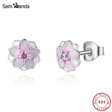 Подлинные оригинальные 925 пробы серебряные серьги гвоздики Магнолия Блум Brincos серьги эмаль розовый CZ женские модные ювелирные изделия