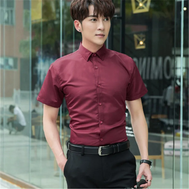 

LOSSKY Solid Color Summer Men Dress Shirt Casual Large Size Professional Business Shirt Short Sleeve White Black Red Male Shirt
