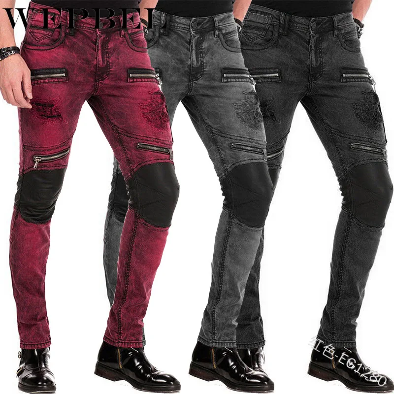 

WEPBEL Men's Slim-Fit Casual Stitching Zipper Jeans Autumn Fashion Holes Mid-Waist Denim Pencil Pants