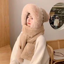 шапка New Thickened Plush Cap Autumn Winter Scarf Gloves Hat One Women's Solid Color Outdoor Warm Cold Proof Essential