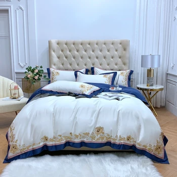 

Embroidery Luxury Bedding set embroider Egyptain Blue White Duvet Cover 1000TC Egypt cotton satin Bed set coverlet bedlinen