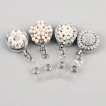 

Beautiful Bling Pearl Badge Reel ID Retractable Badge Holder Belt Clips Metal Heavy Duty Steel Cable Office Supplies