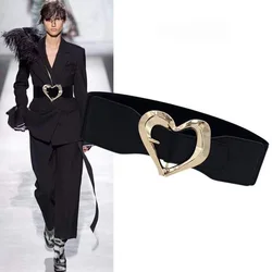Women Fashion Golden Love Oval Square Buckle Elastic Waist Belt Black Width All-Match  Decorative Dress Overcoat Tunic Waistband