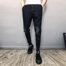 Мужские джинсы, тонкие, модные, вареные, одноцветные, шаровары, повседневные, на завязках, джинсовые брюки, мужские уличные, хип-хоп джинсы, мужская одежда