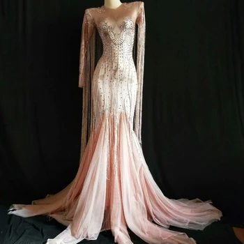 

Wome Sexy Tassel Pink Long Dress Sparkly Rhinestone Women Evening Party Costume Nightclub Party Singer Performance Stage Wear