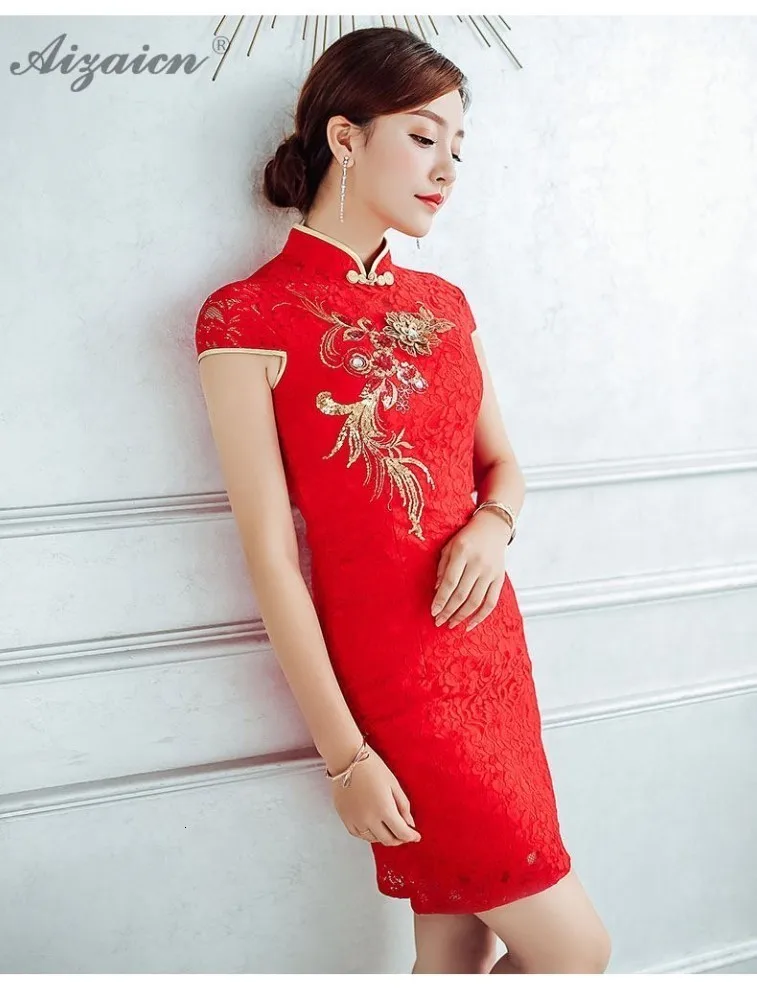 Мода Корто Cheongsam las mujeres chino tradicional de la boda Vestido de encaje rojo Qipao estilo Восточное винтажное платье