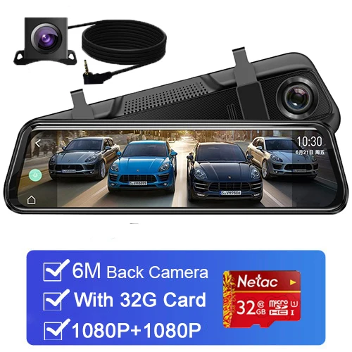 Ночного видения камеры автомобиля зеркало заднего вида 1080P FHD ips сенсорный экран Авто Автомобильный видеорегистратор с двумя объективами зеркала заднего вида, камера с углом обзора dvr' ы - Название цвета: 6M rear lens 32GB