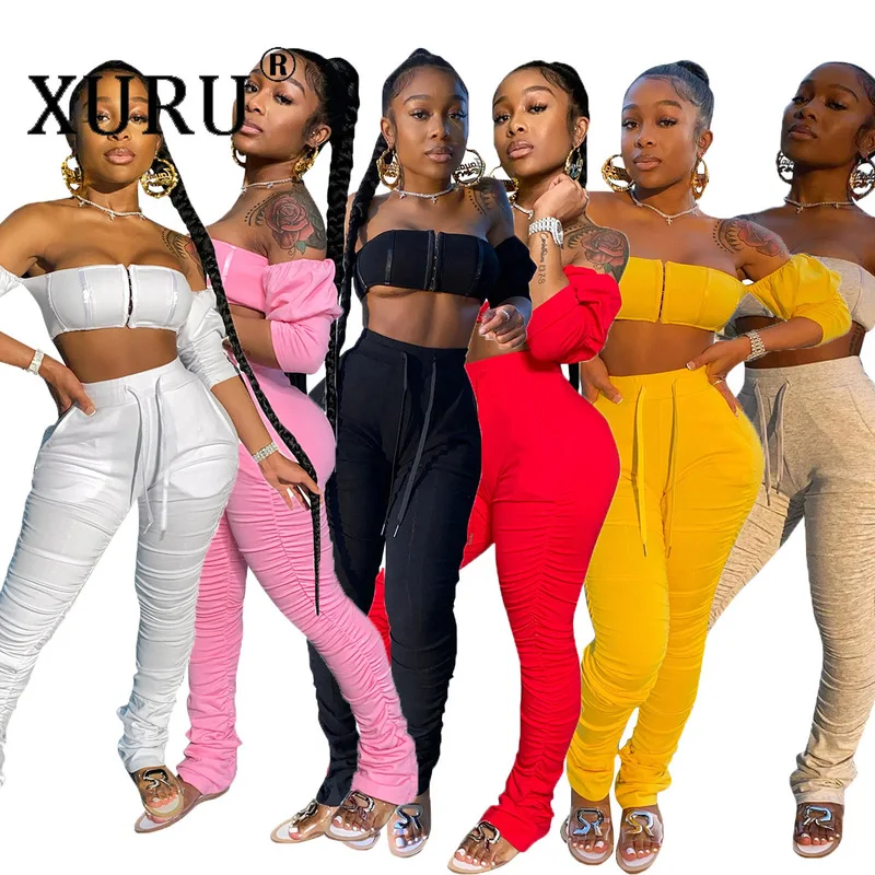 

XURU 2020 Tube Top Pleated Micro Pull Jumpsuit Two-piece Set Solid Color Nightclub Sexy Jumpsuit Suit
