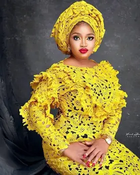 

African Yellow lace fabric 2020 high quality lace Guipure Cord lace fabric Cotton Guipure lace for Nigerian Wedding Party HJ3663
