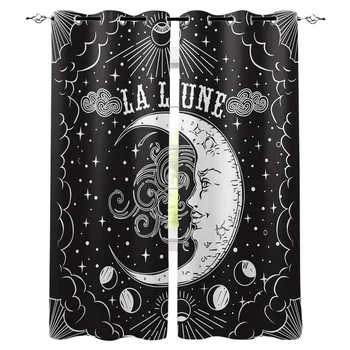 

La Lune Moon Starry Black Window Curtains LivingRoom Kitchen Curtains Left and Right Biparting Open