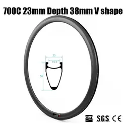 Полностью карбоновые диски для шоссейного велосипеда 700C 23 мм шириной 38 мм глубиной V Форма клинчер обод для триатлона TT циклокросс