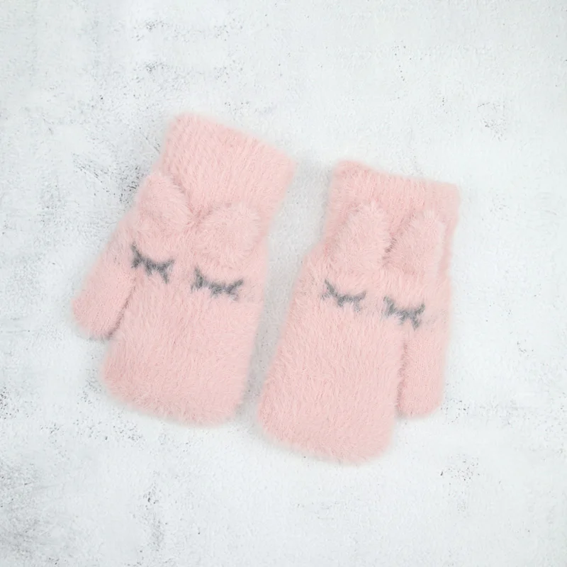Детские зимние варежки для девочек, перчатки для детей от 4 до 10 лет, бархатные пушистые варежки, Детские теплые мягкие варежки для девочки с милым Кроликом, перчатки для девочки - Цвет: Pink