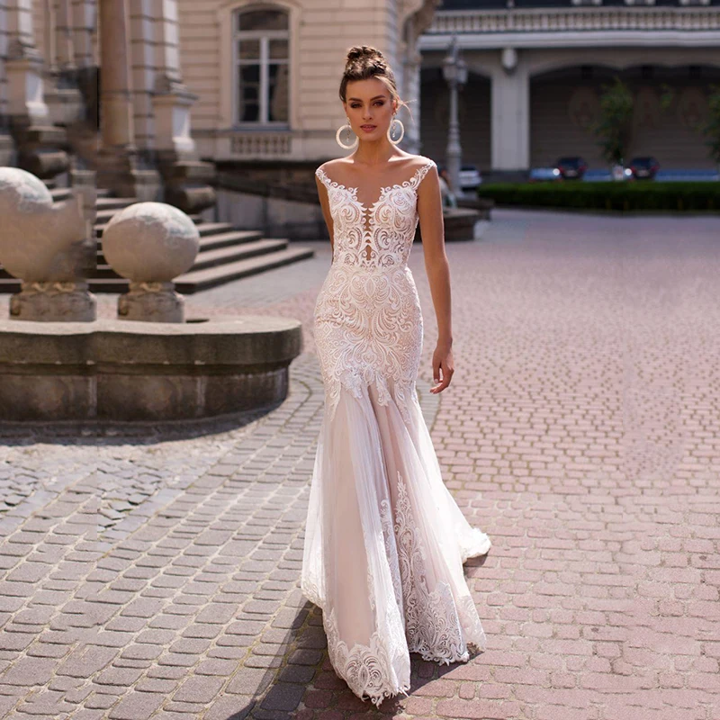 affordable wedding dresses Mermaid Wedding Dresses With Cape 2021 Sheer O-Neck Gorgeous Lace Tulle Light Champagne Bridal Gown Button Back Sweep Train bridesmaid