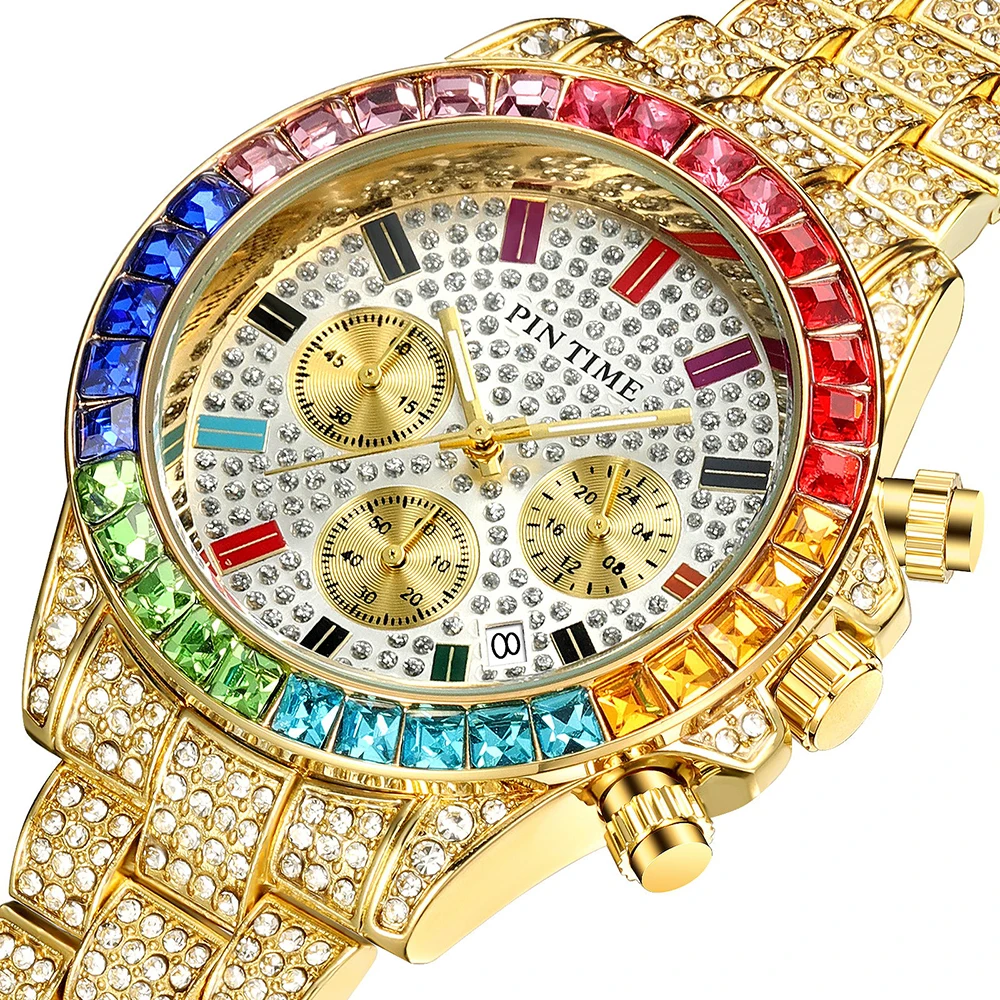 PINTIME Hip Hop Mens Watches Top Brand Luxury Chronograph Iced Out