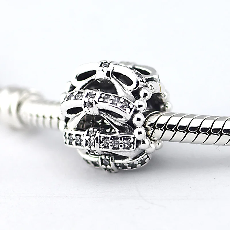 Fashion 925 Sterling Silver Beads for Charms Bracelets Women Clear CZ Bow Design Openwork Silver 925 Beads for Jewelry Making