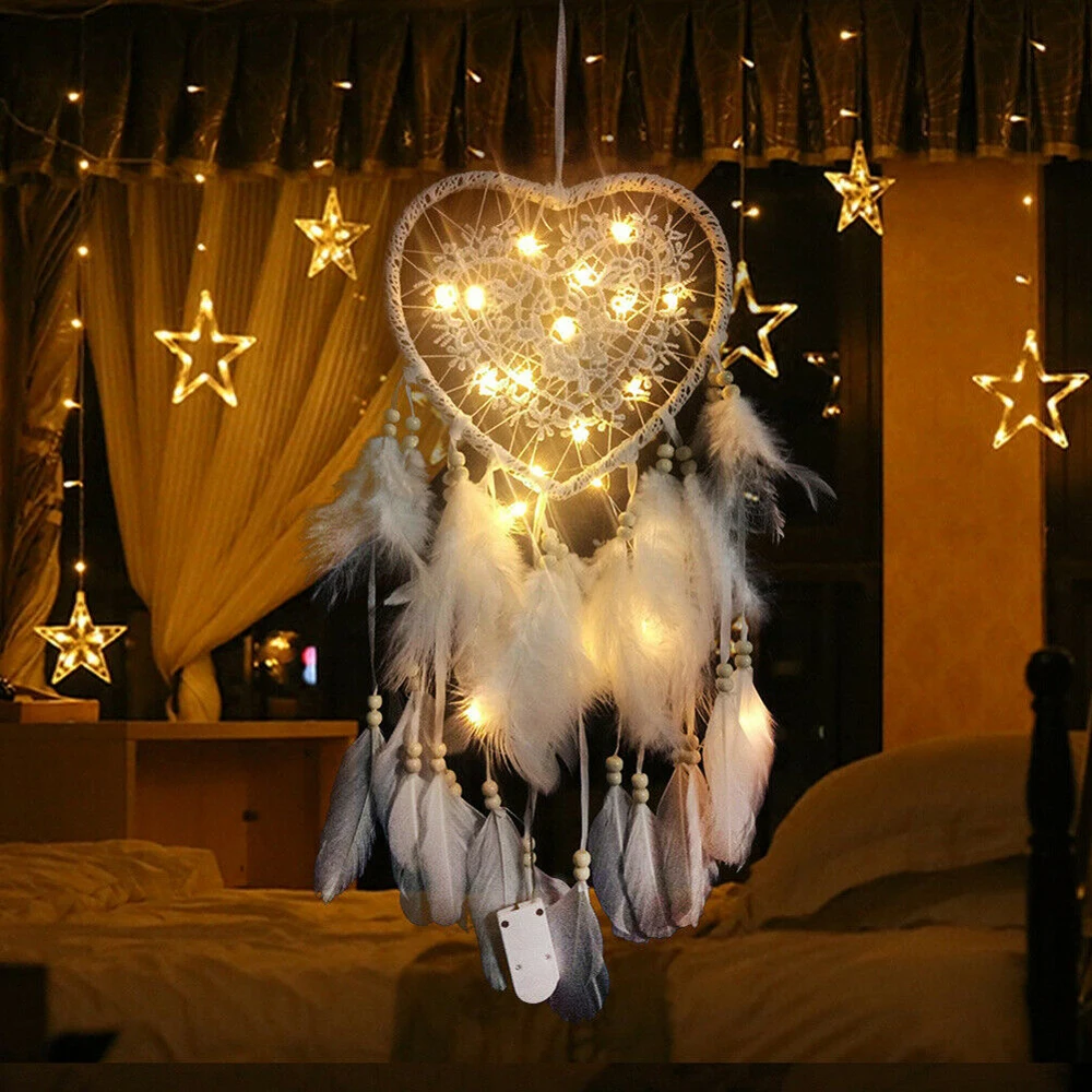 Модный Ловец снов с светодиодный полым обручем в форме сердца кулон перья ручной работы ночной Светильник Настенный домашний Декор подарок