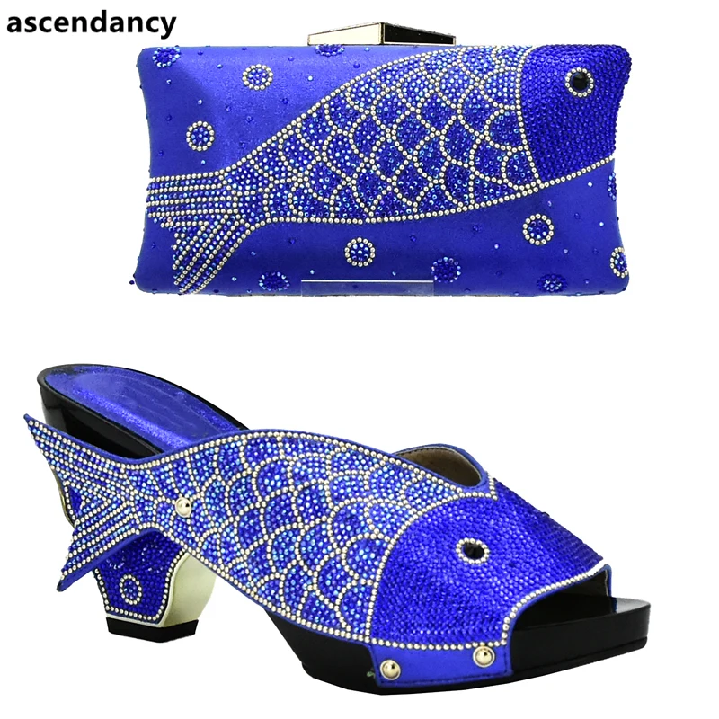 

New Arrival Royal Blue Color Shoes and Bag Set African Sets 2018 Italian Shoes with Matching Bags for Wedding Italy Party Shoes
