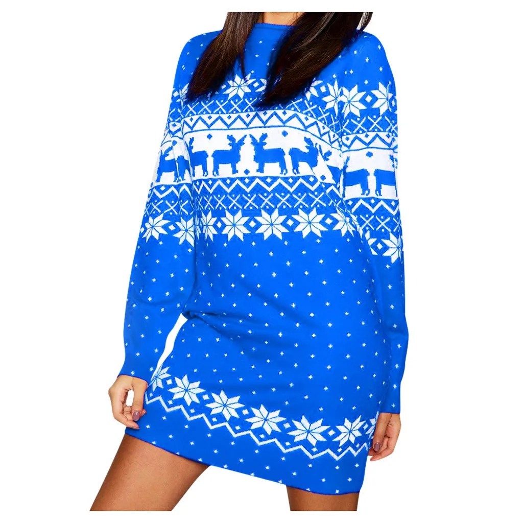 Vestidos ropa mujer, рождественское платье, женские толстовки с рождественским принтом, с длинным рукавом, снежинка, Мини платье для вечеринки, roupa feminina - Цвет: Blue
