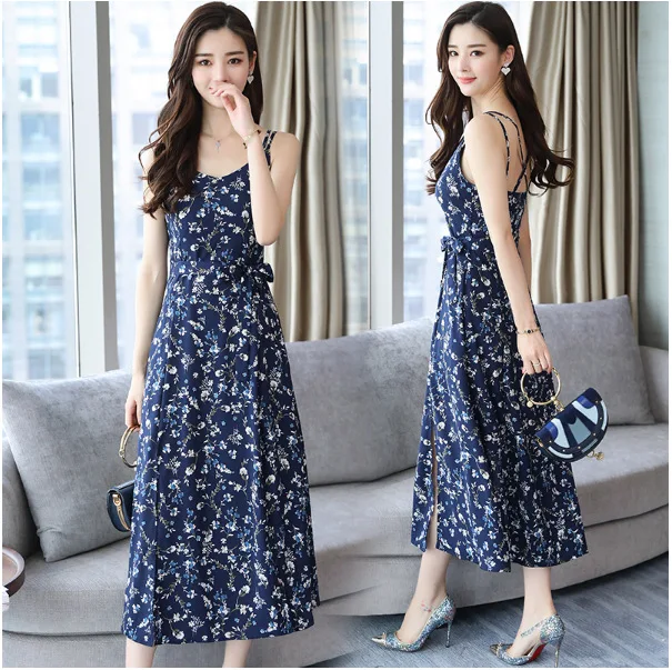 

2019 Summer Wear New Style Korean-style Hainan Sanya Seaside Holiday Immortal Slimming Camisole Chiffon Dress Women's