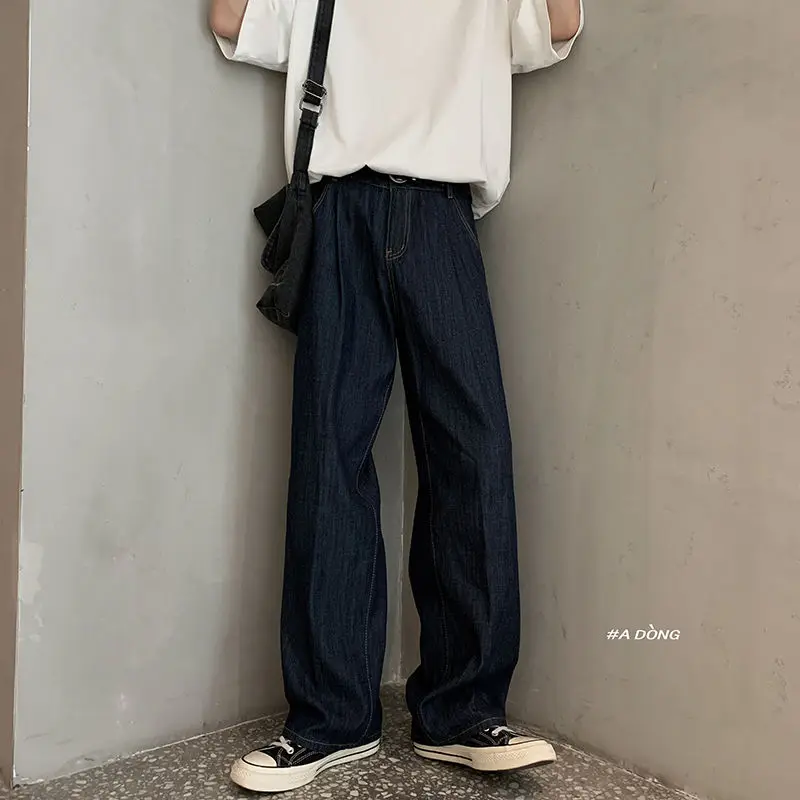 

Korean Style Straight Jeans Men's Fashion Casual Retro Blue Jeans Men Streetwear Wild Loose Hip-hop Denim Trousers Mens M-2XL
