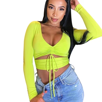 

Women V Neck Bandage Sexy T Shirt Long Sleeve Elegant Casual Cross Fashion Crop Top