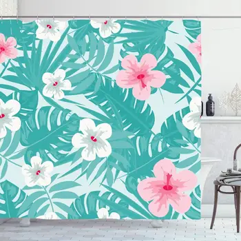 

Shower Curtain Set with Hooks 72x72 Vacation Hawaii Summer Tropical Beach Realistic Flowers Leaves Fashionable Nature Hibiscus