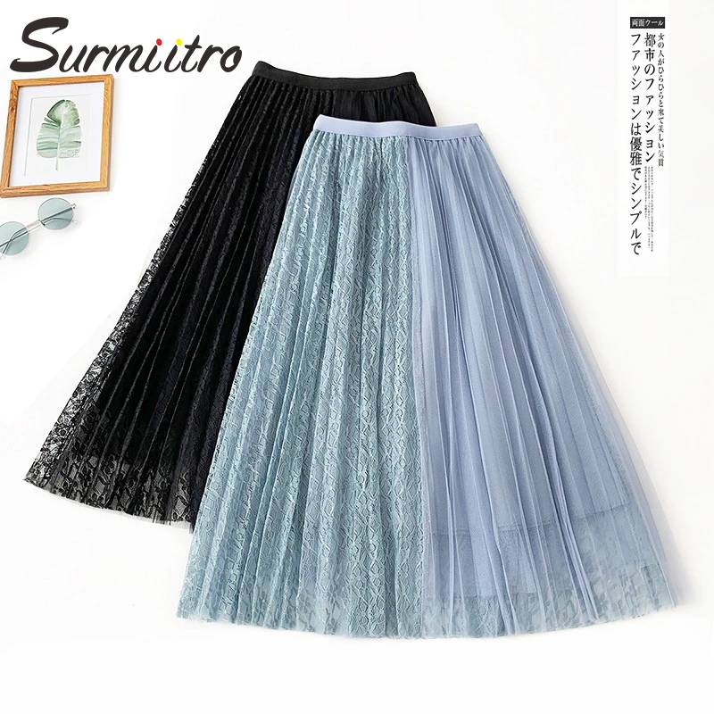 

Surmiitro Lace & Mesh Patchwork Long Tulle Skirt Women For Autumn 2019 Ladies Korean High Waist Black Blue Pleated Skirt Female