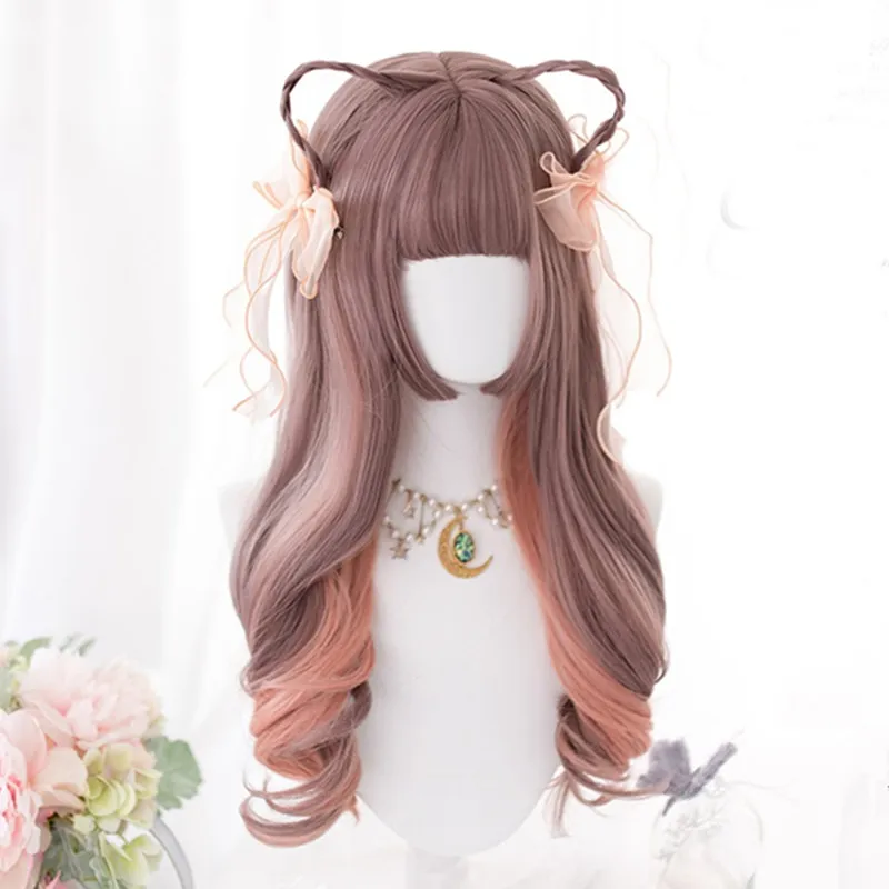 

Cosplaysalon 62CM Lolita Light Coffee Mixed Orange Pink Ombre Long Wavy Bangs Cute Synthetic Halloween Party Cosplay Wig