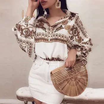 

2019 Women Loose Flower Printed Tops Shirt Elegant Fashion Blouse Long Sleeve High Street Shirt