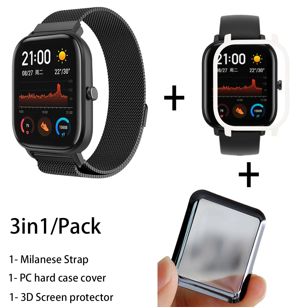 3в1 металлический Миланский ремешок для Xiaomi Amazfit GTS чехол металлический браслет для Huami Amazfit GTS Band 3D Защитная пленка для экрана - Цвет: black-white
