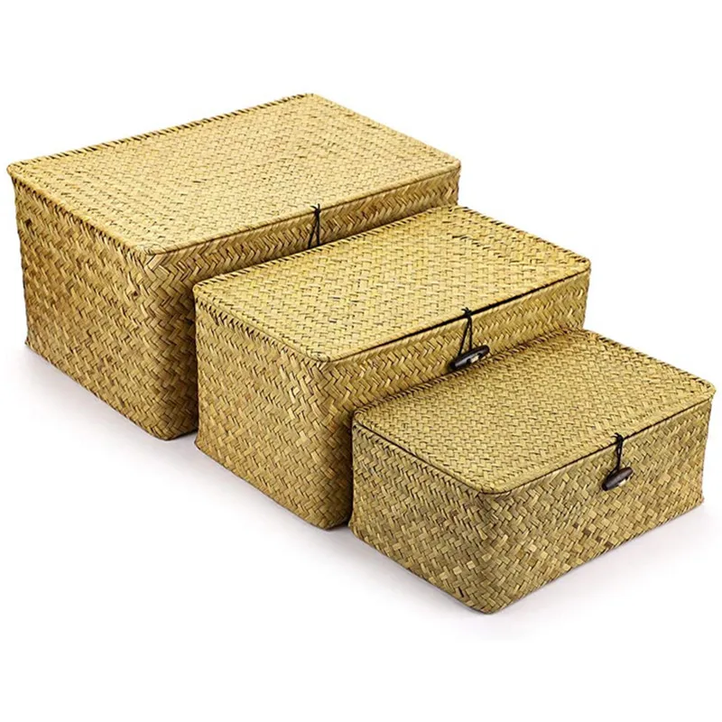 Panier De Rangement En Jonc De Mer Rectangulaire Avec Couvercle - Tissé Main Naturel Pour Chambre Et Salle De Bain