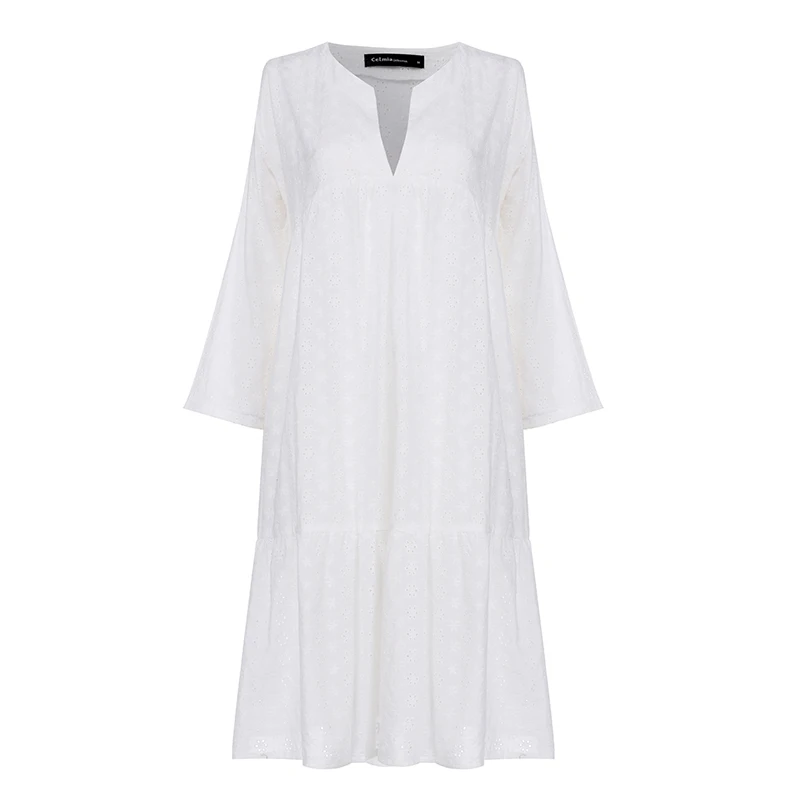 Celmia Elegant Cotton Embroidery Women's Dress Ruffled Korean White Dress New Sexy V-neck Hollow Party Vesridos Plus Size - Цвет: Белый