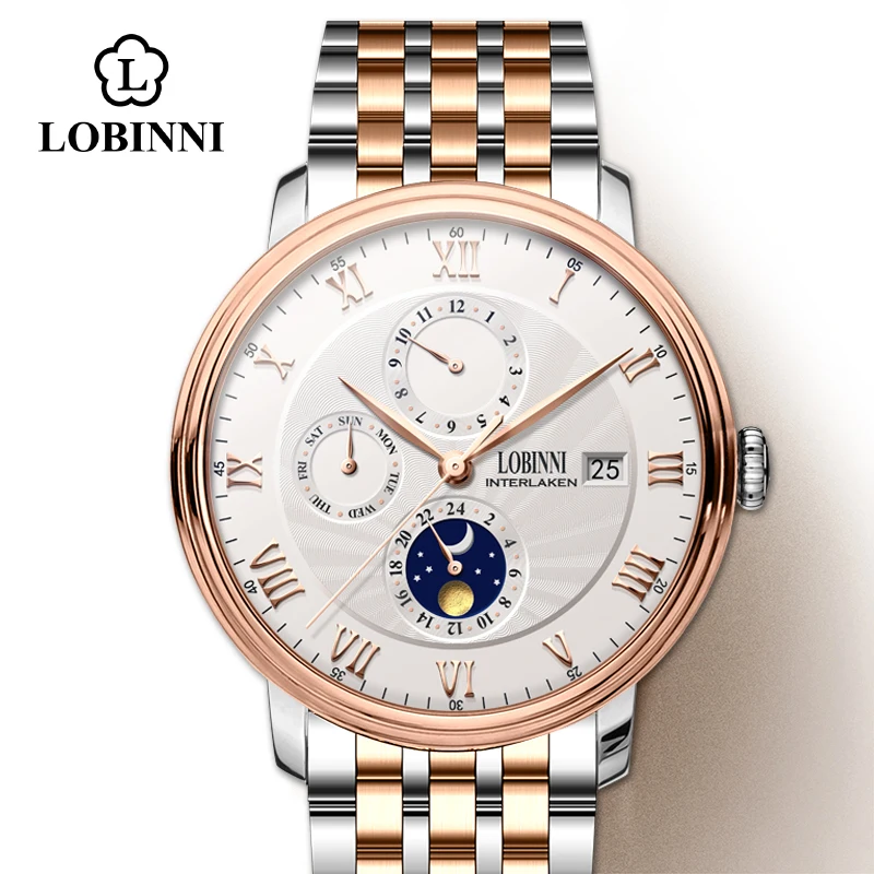 rose-white-steel LOBINNI, мужские часы, Роскошный швейцарский бренд, наручные часы, часы с чайкой, Мужские автоматические механические сапфировые часы, мужские часы - Цвет: rose-white-steel