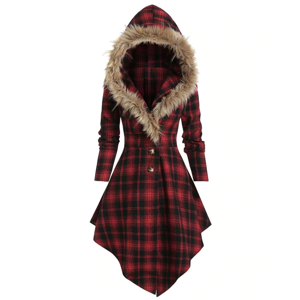 Fashion Plaid Warm Coat Casual Ladies Hooded Fur Collar Buttons Tunic Jacket Coat Female Winter Long Sleeve Womens Outerwear
