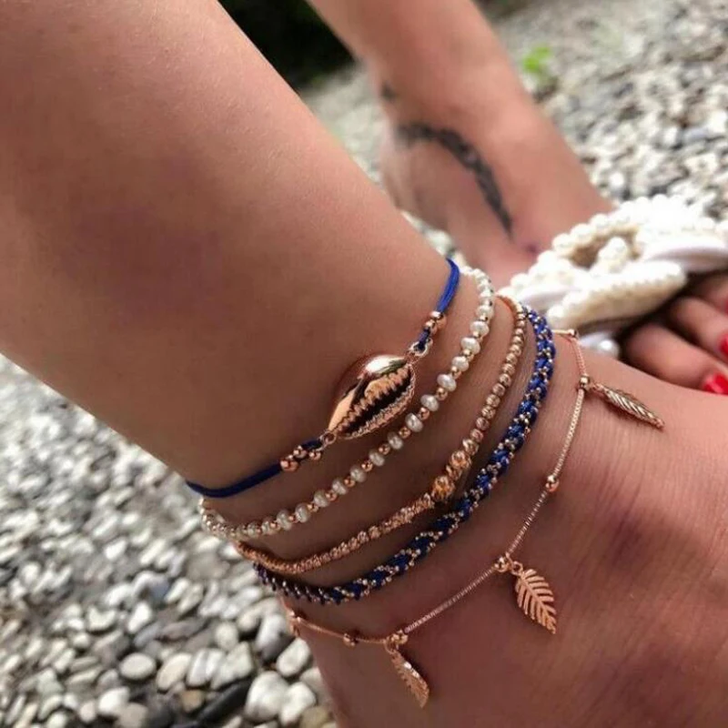 HuaTang 5pcs/set Boho Shell Anklets Multilayers Leave Pendant Evil Eye Strand Beads Elastic Foot Chain Women Beach Jewelry 9187 HuaTang 5pcs/set Boho Shell Anklets Multilayers Leave Pendant Evil Eye Strand Beads Elastic Foot Chain Women Beach Jewelry 9187