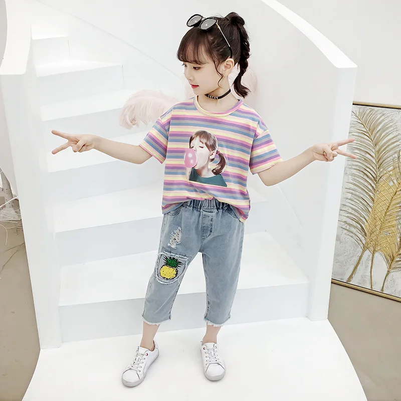 

Girls Summer 2019 New Style Set Korean-style Stripes Cartoon chao yang Gas T-shirt Cowboy Capri Pants Two-Piece Set Fashion