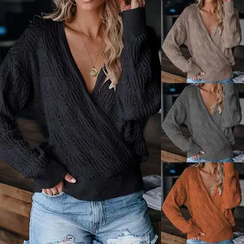 

Spring/Autumn Women Deep V Neck Wrap Hollow Sweater Long Sleeve Crochet Knit Pullover Top Cross Hollow Out Sweater Women