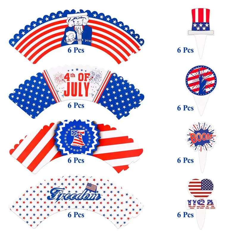48pcs American Independence Day Cake Decorating Topper Cupcake