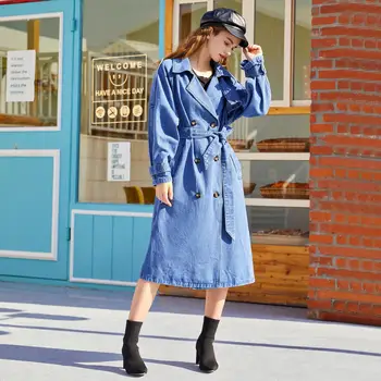 

2020 New Autumn Spring Denim Women's Coat Korean Windbreaker Female Plus Size Double Breasted Ladies Long Chic Trench Coats