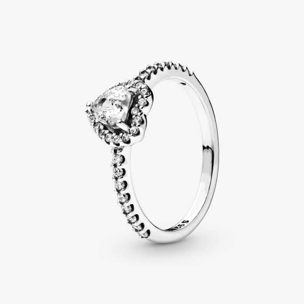

2020 Real 925 Sterling Silver Elevated Heart Ring For Women Luxury Fashion Crystal Valentine's Day Ring Fine Silver Jewellery