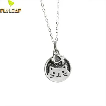 

925 Sterling Silver Cute Cat Eating Fish Pendant Necklace For Women INS Retro Style Lady Girl Gift Fine Jewelry Flyleaf