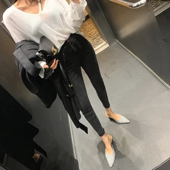 

Han edition of the new spring show tall waist flash black feet pants jeans