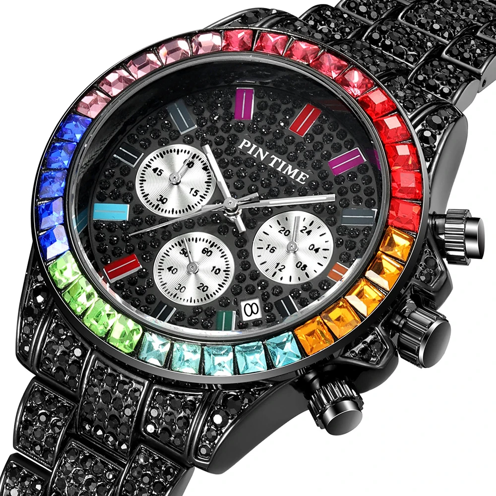 

PINTIME Diamonds Mens Watches Top Brand Luxury Watch Rolexable Men Gold Big Chronograph Classic Male Iced Out Watch