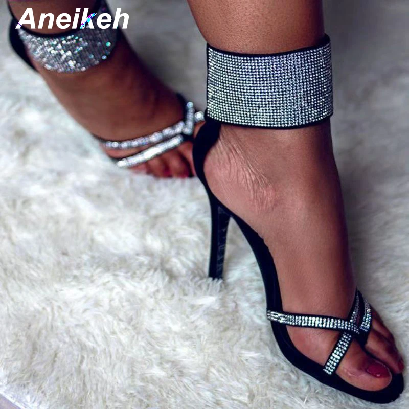 

Aneikeh PU Women Heeled Sandals Bandage Rhinestone Ankle Strap Gladiator Pumps Super High Heels Peep Toe ZIP Dress Lady Shoes 42