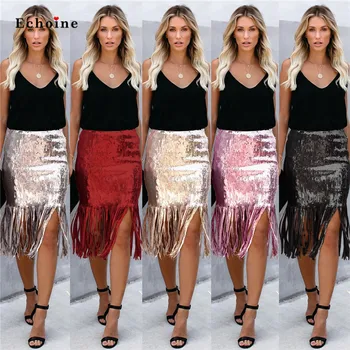 

Women Sexy Bodycon Skirt High Waist Sequin Tassel Streetwear Female Slinky Night Club Short Skirts Ladies Costume Woman Clothing