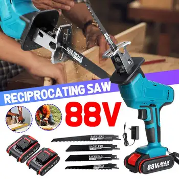 

88V Portable Cordless Reciprocating Saw + 4 Saw Blades Metal Cutting Wood Tool Portable Woodworking Cutters with 1/2 Battery+BOX