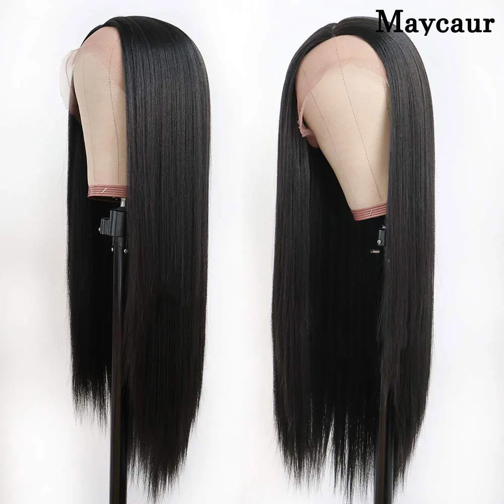 Maycaur синтетические парики на кружеве длинные прямые парики черные термостойкие парики с естественными головными углами