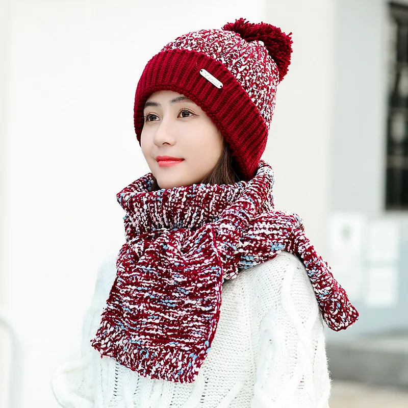 Комплект из зимней шапки и шарфа; женские классические толстые теплые шапки и шарфы в стиле унисекс; зимние аксессуары - Цвет: red