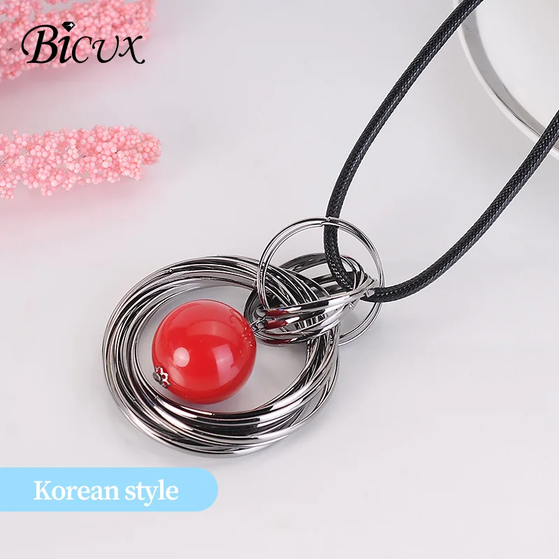 

BICUX Fashion Korean Long Alloy Round Resin Pendant Necklace for Women Men Party Temperament Simple Double Necklace Jewelry Gift